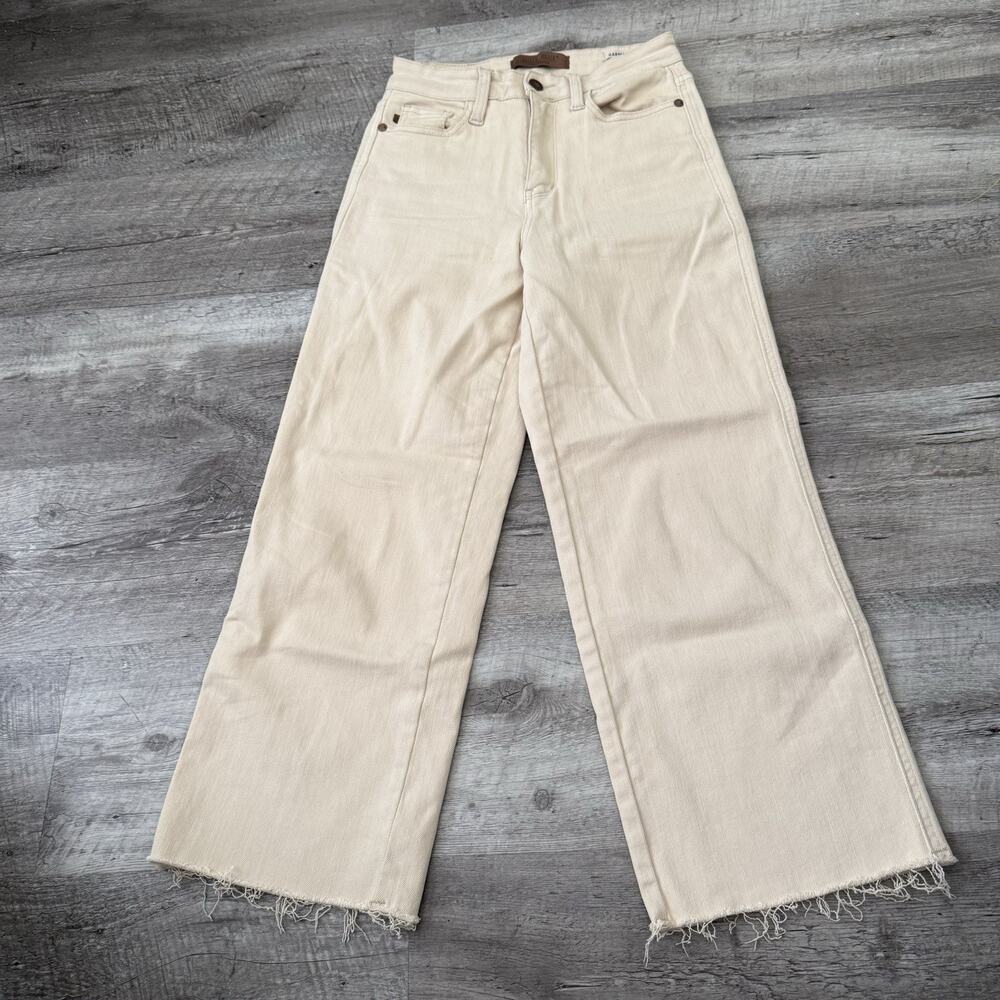 Judy Blue Jeans Womens 0/24 Herb Garment Dyed Denim High Rise Wide Raw Hem Crop